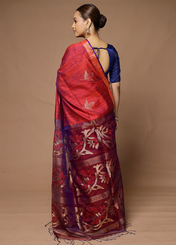 Red Handloom Matka Pure Silk Saree With Blouse Piece