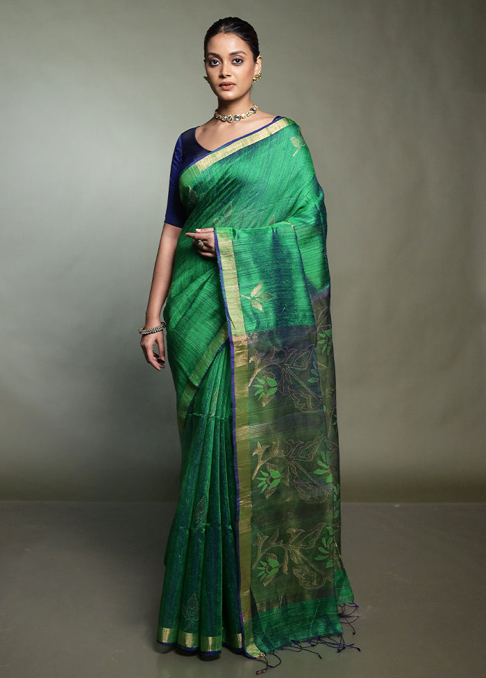 Green Handloom Matka Pure Silk Saree With Blouse Piece