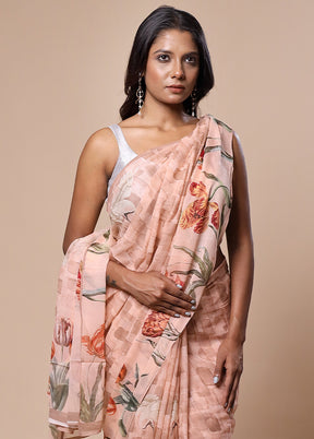 Peach Handloom Chiffon Pure Silk Saree With Blouse Piece