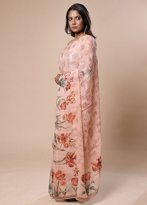 Peach Handloom Chiffon Pure Silk Saree With Blouse Piece