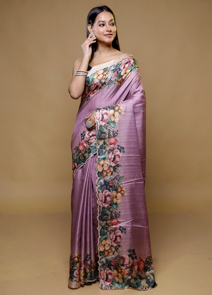 purple Dupion Silk Saree With Blouse Piece