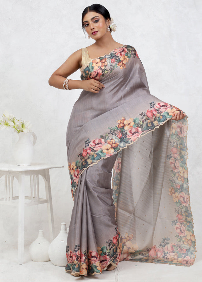 Grey Dupion Silk Saree Without Blouse Piece - Indian Silk House Agencies