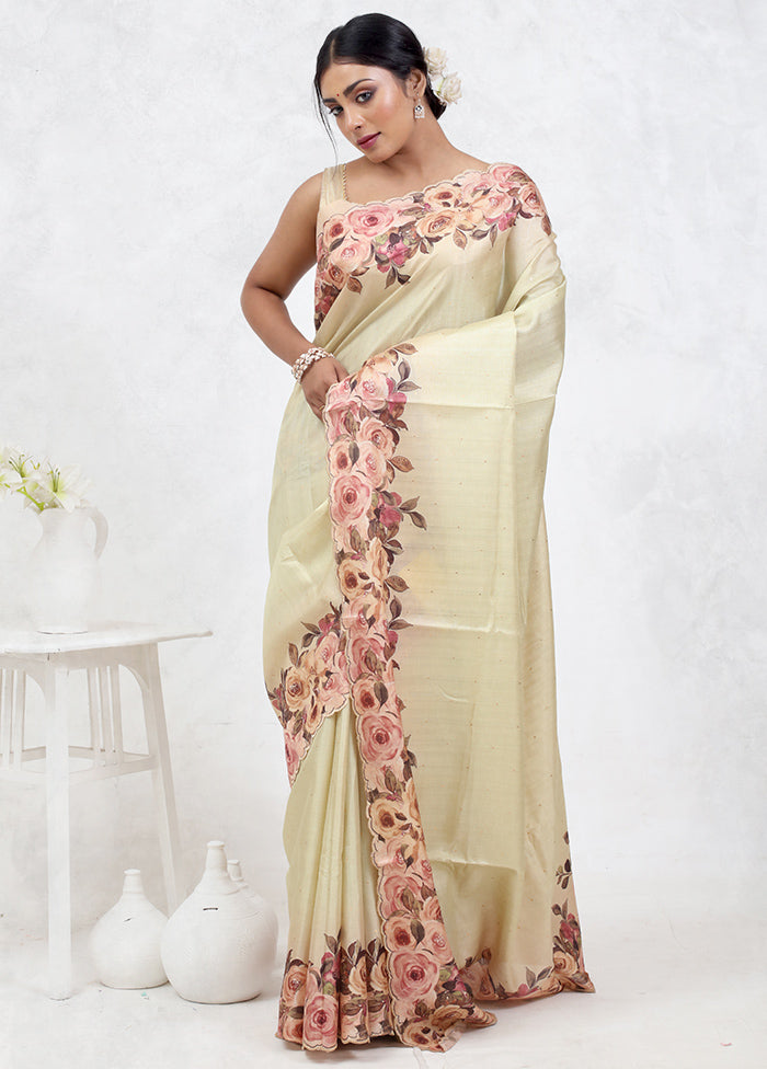 Cream Dupion Silk Saree Without Blouse Piece - Indian Silk House Agencies