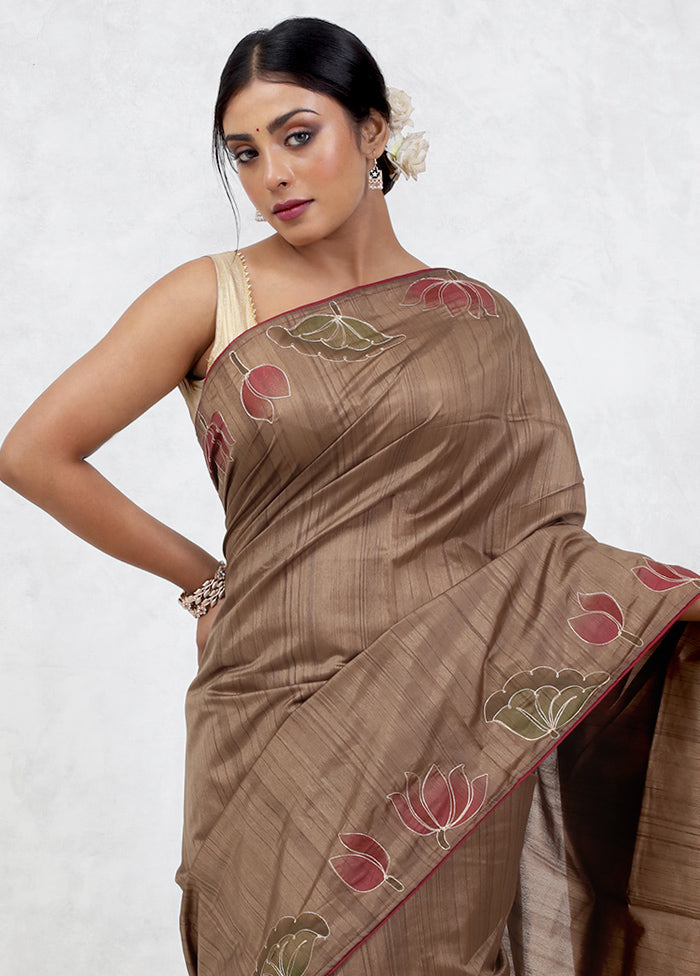 Brown Dupion Silk Saree Without Blouse Piece - Indian Silk House Agencies