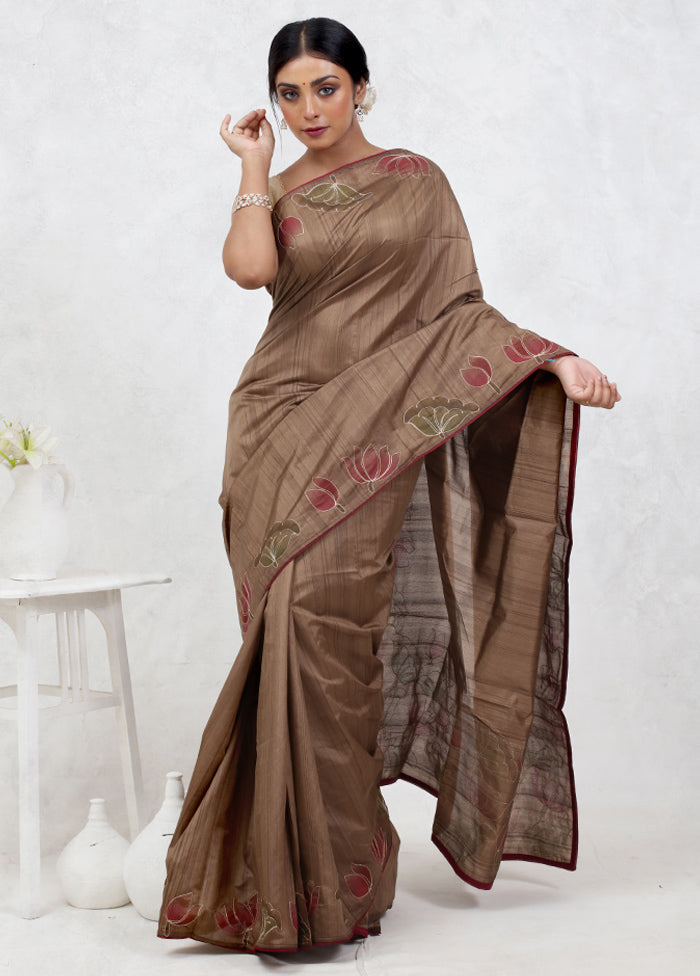 Brown Dupion Silk Saree Without Blouse Piece - Indian Silk House Agencies