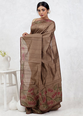 Brown Dupion Silk Saree Without Blouse Piece - Indian Silk House Agencies