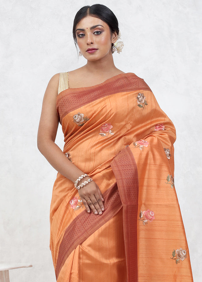 Orange Dupion Silk Saree Without Blouse Piece - Indian Silk House Agencies