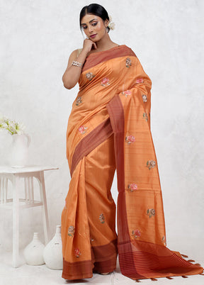 Orange Dupion Silk Saree Without Blouse Piece - Indian Silk House Agencies