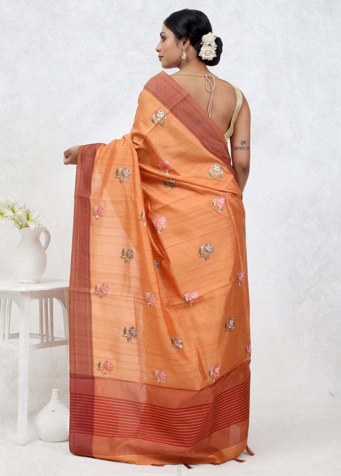 Orange Dupion Silk Saree Without Blouse Piece - Indian Silk House Agencies