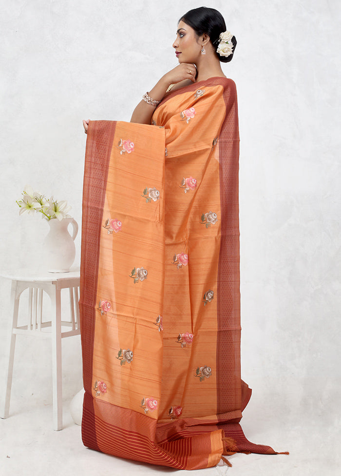 Orange Dupion Silk Saree Without Blouse Piece - Indian Silk House Agencies