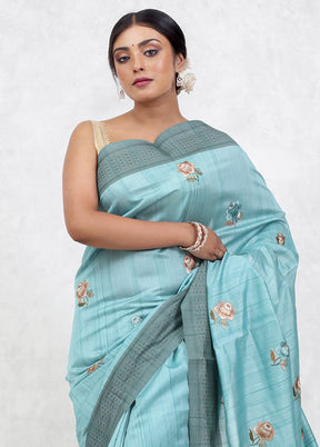 Blue Dupion Silk Saree With Blouse Piece