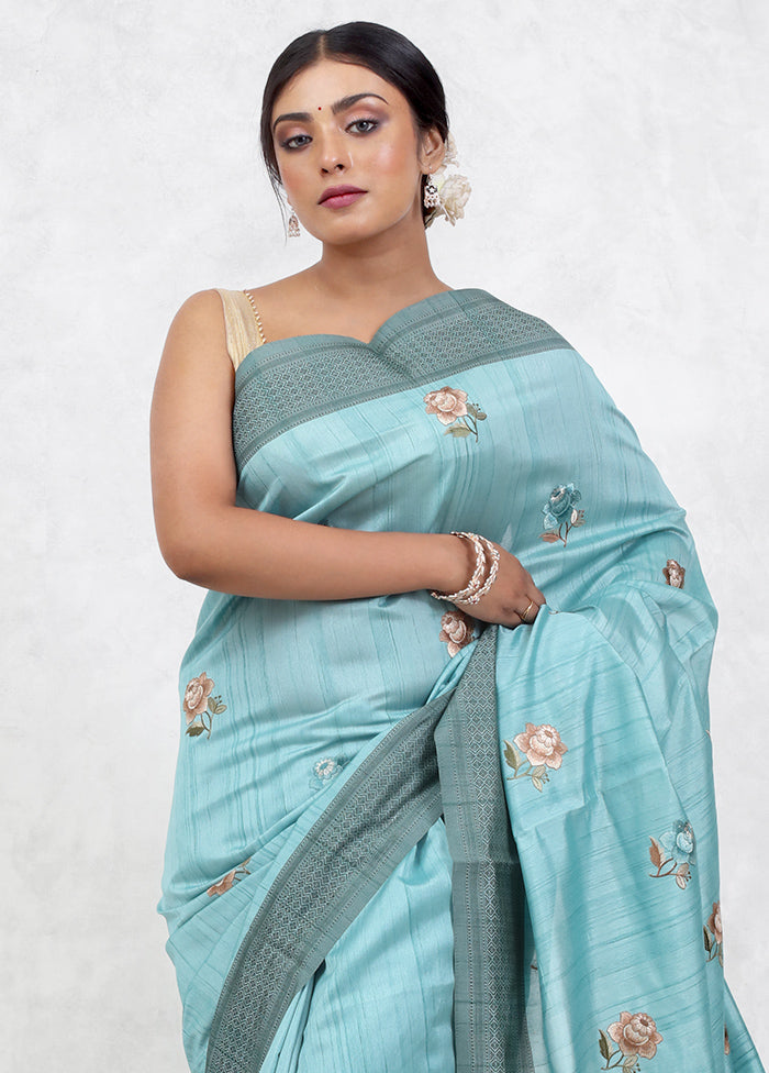 Blue Dupion Silk Saree With Blouse Piece