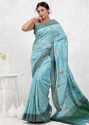 Blue Dupion Silk Saree With Blouse Piece