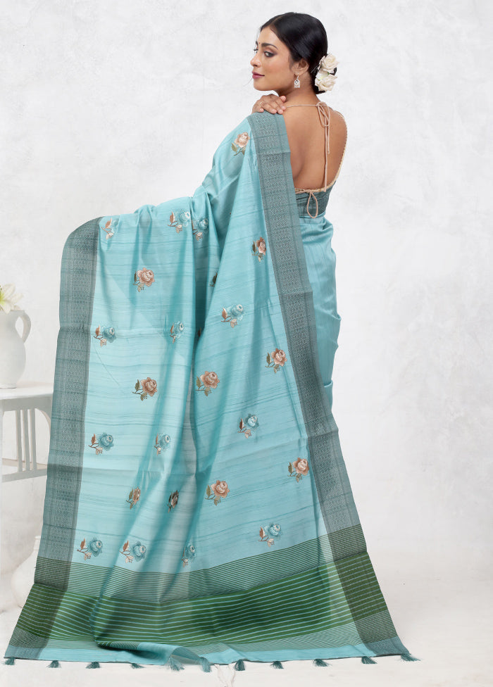 Blue Dupion Silk Saree With Blouse Piece