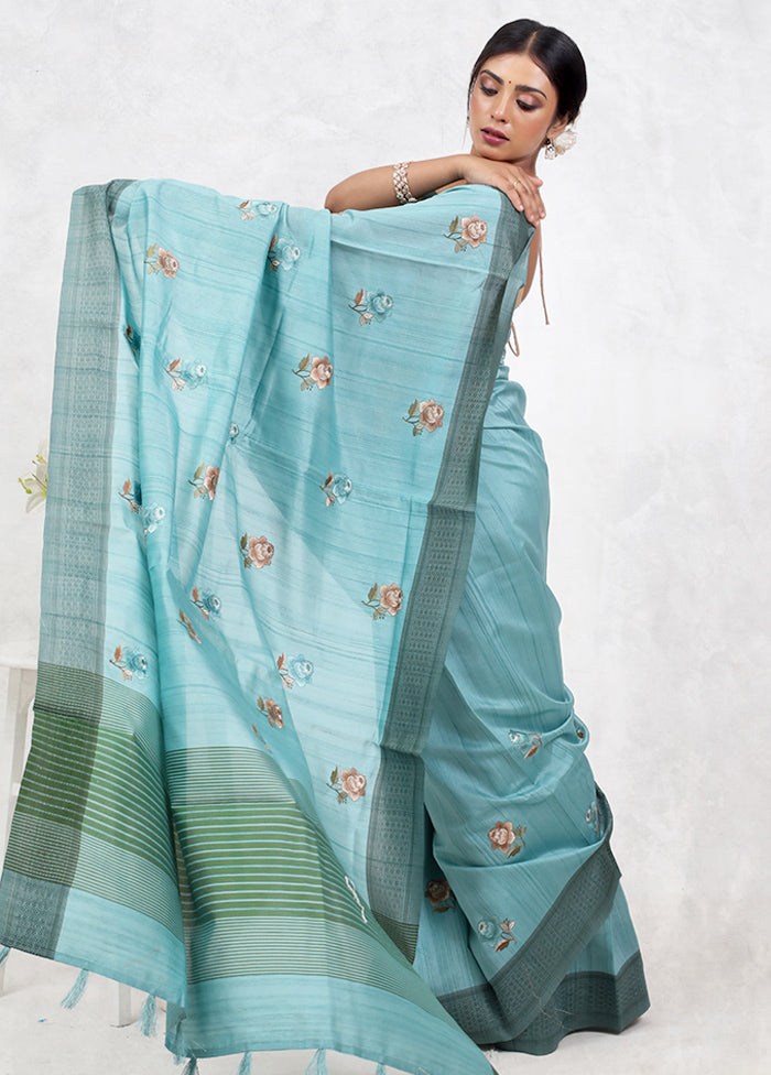 Blue Dupion Silk Saree With Blouse Piece