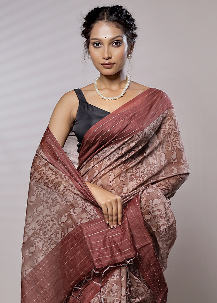 Brown Chanderi Cotton Saree With Blouse Piece