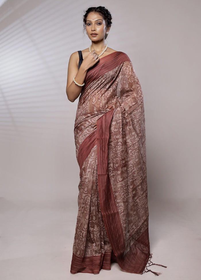 Brown Chanderi Cotton Saree With Blouse Piece