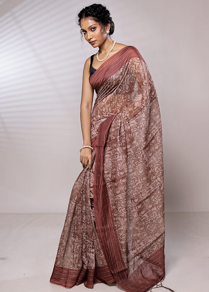 Brown Chanderi Cotton Saree With Blouse Piece