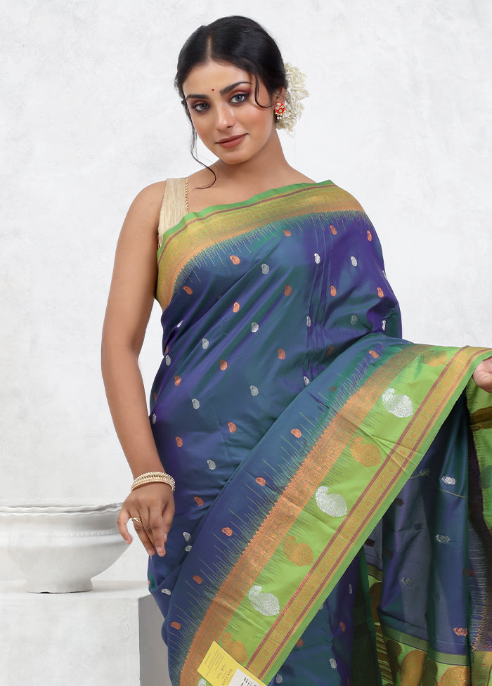 Blue Kanjivaram Silk Saree With Blouse Piece