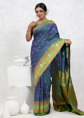 Blue Kanjivaram Silk Saree With Blouse Piece