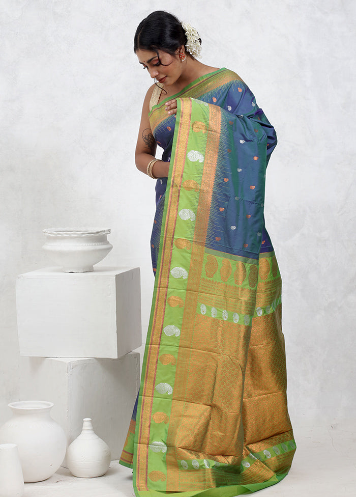 Blue Kanjivaram Silk Saree With Blouse Piece