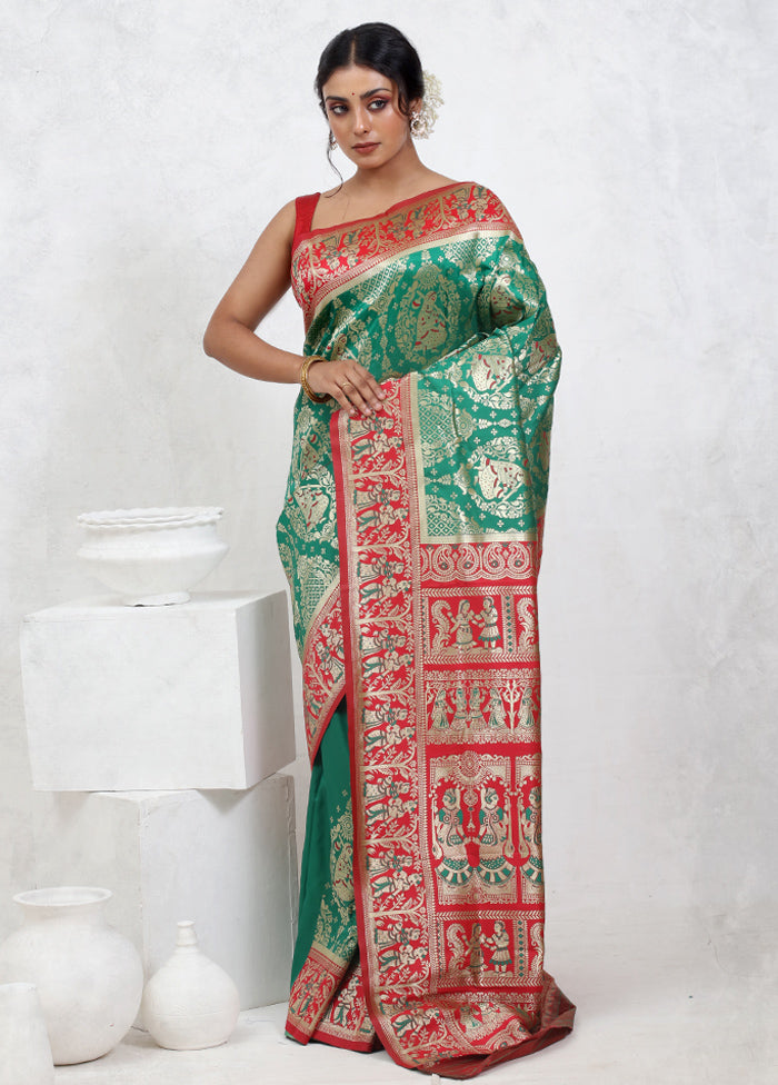 Green Baluchari Silk Saree With Blouse Piece