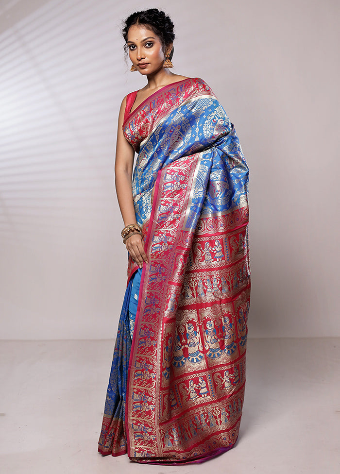 Blue Baluchari Silk Saree With Blouse Piece