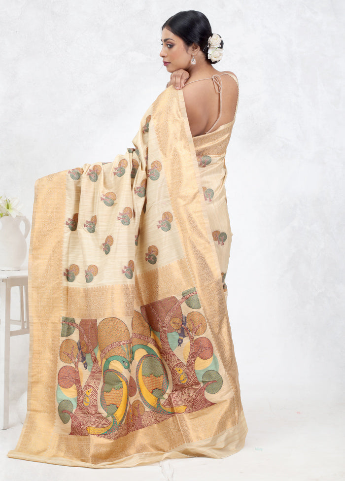 Cream Baluchari Silk Saree Without Blouse Piece - Indian Silk House Agencies