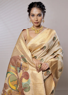 Cream Baluchari Silk Saree With Blouse Piece