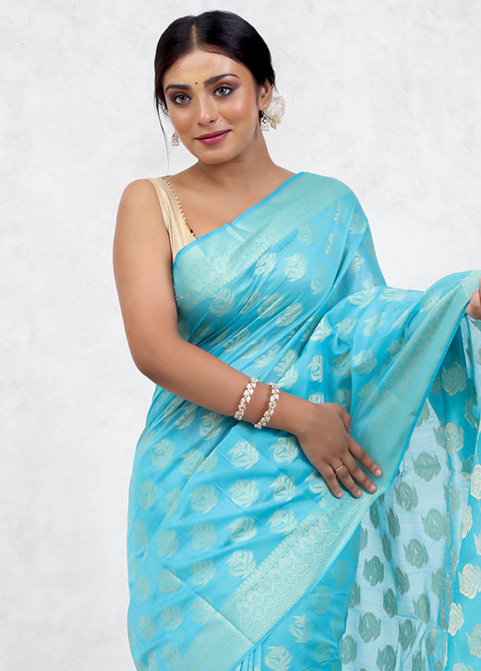 Blue Kora Silk Saree Without Blouse Piece - Indian Silk House Agencies