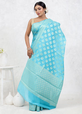 Blue Kora Silk Saree Without Blouse Piece - Indian Silk House Agencies