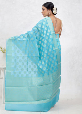 Blue Kora Silk Saree Without Blouse Piece - Indian Silk House Agencies