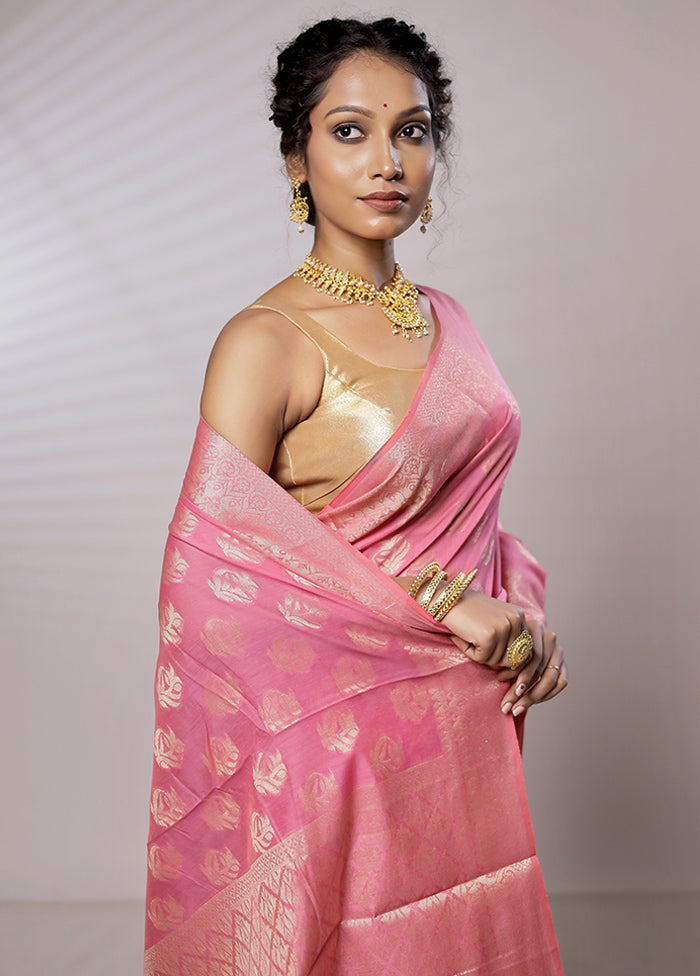 Pink Kora Silk Saree With Blouse Piece