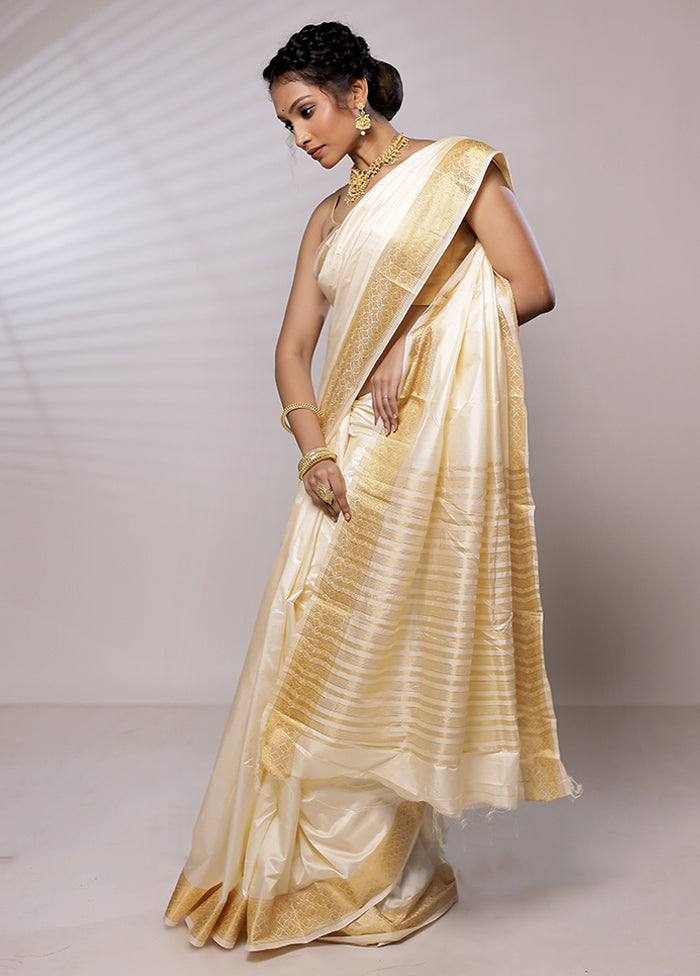 Cream Dupion Silk Saree With Blouse Piece