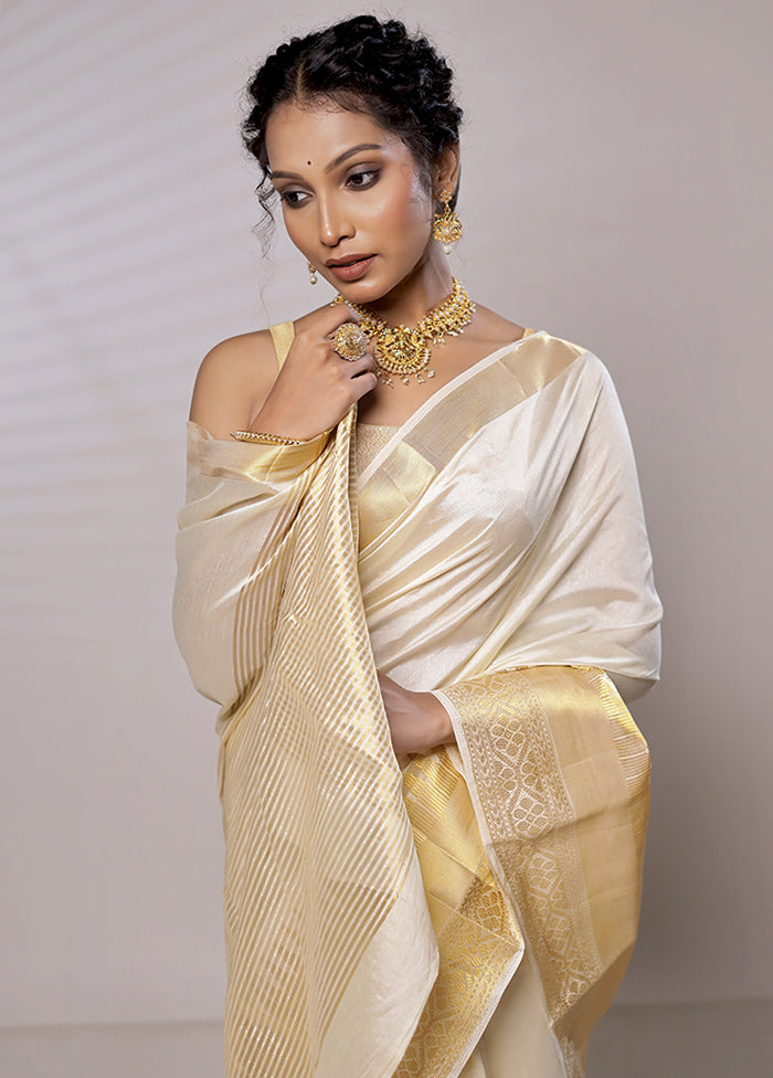 Cream Dupion Silk Saree With Blouse Piece