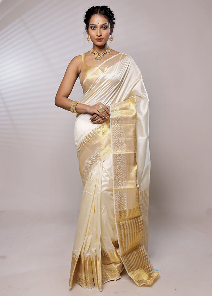 Cream Dupion Silk Saree With Blouse Piece