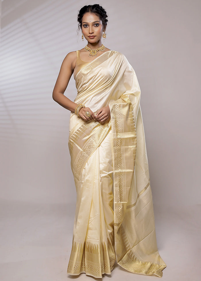 Cream Dupion Silk Saree With Blouse Piece