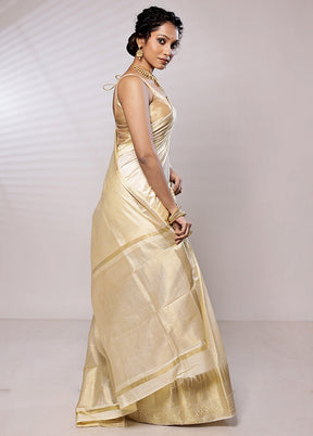 Cream Dupion Silk Saree With Blouse Piece