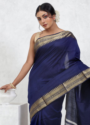 Blue Dupion Silk Saree With Blouse Piece