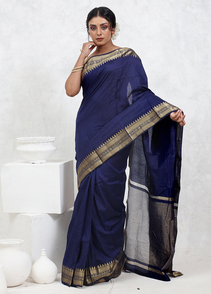 Blue Dupion Silk Saree With Blouse Piece