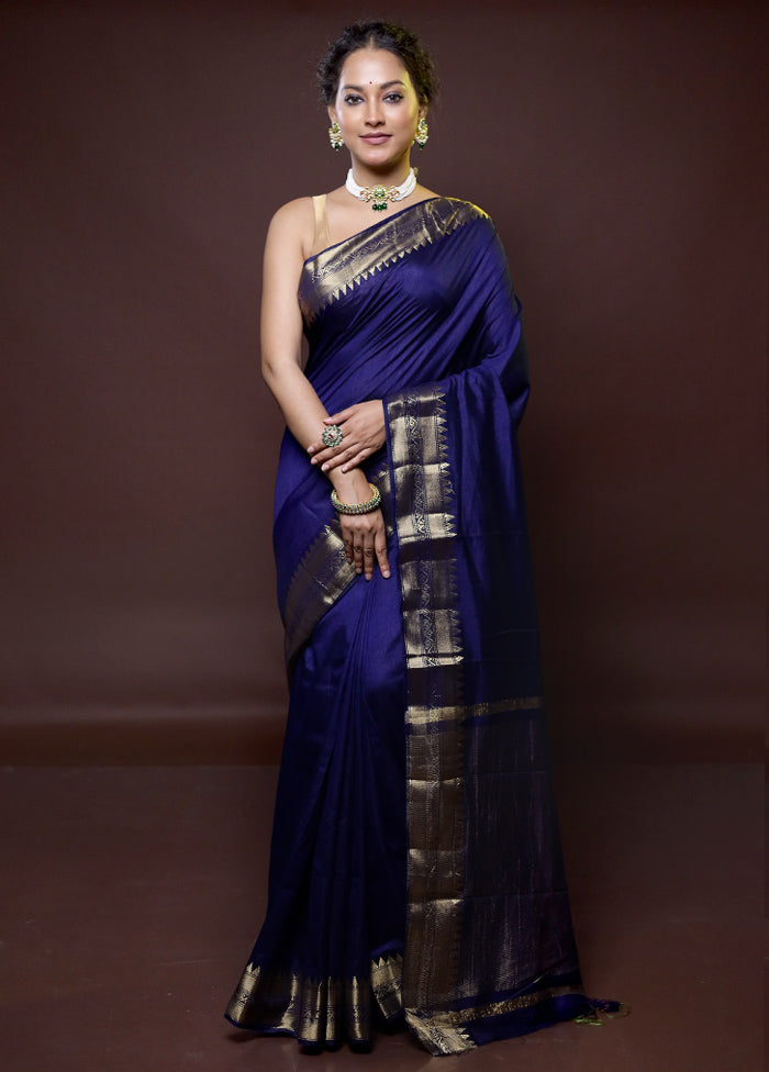 Blue Dupion Silk Saree With Blouse Piece