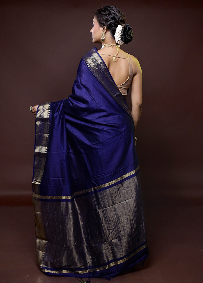 Blue Dupion Silk Saree With Blouse Piece