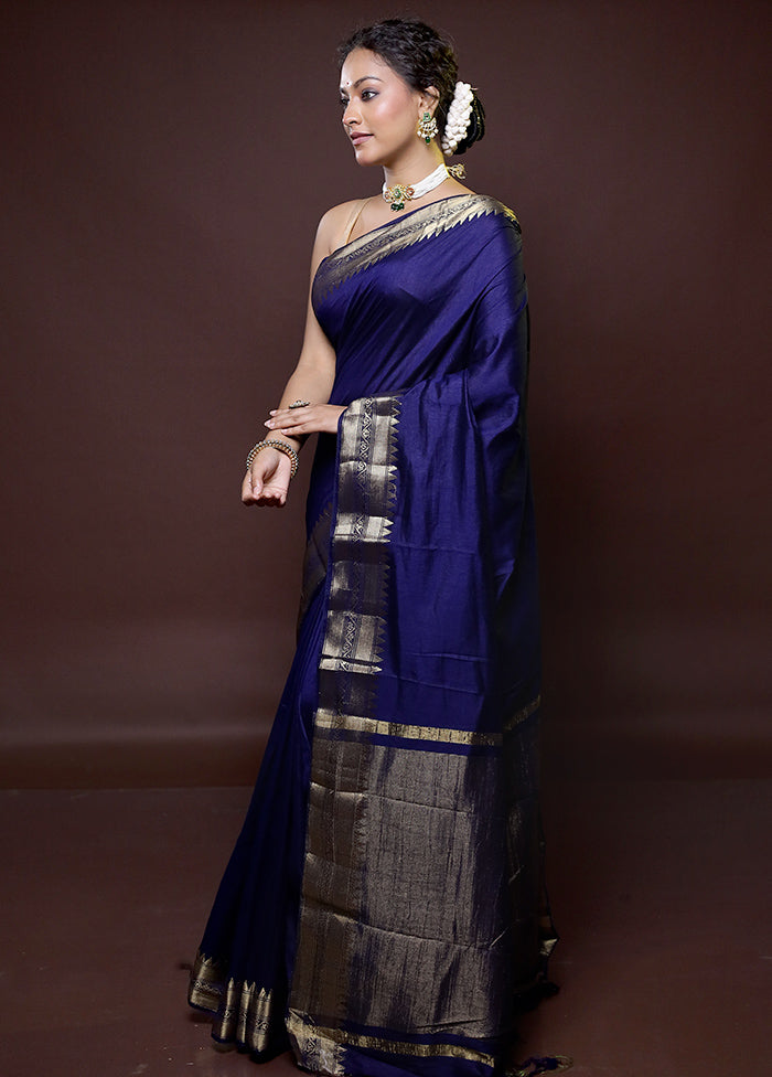 Blue Dupion Silk Saree With Blouse Piece