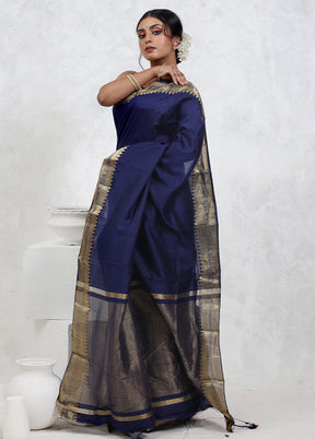 Blue Dupion Silk Saree With Blouse Piece