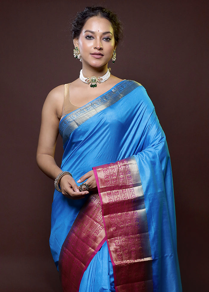 Blue Dupion Silk Saree With Blouse Piece