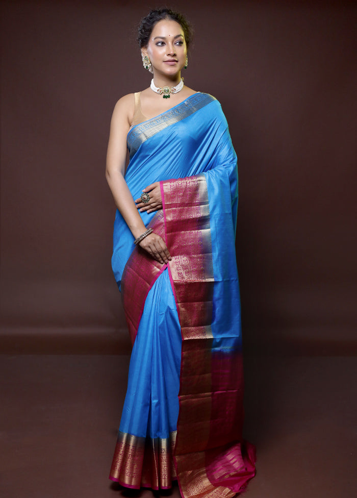 Blue Dupion Silk Saree With Blouse Piece