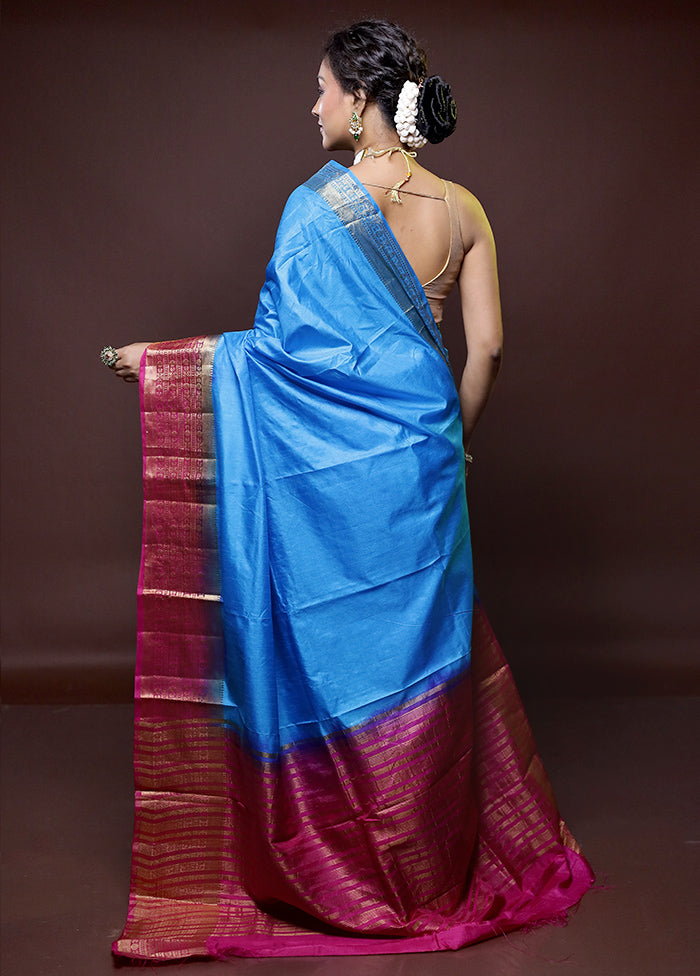 Blue Dupion Silk Saree With Blouse Piece