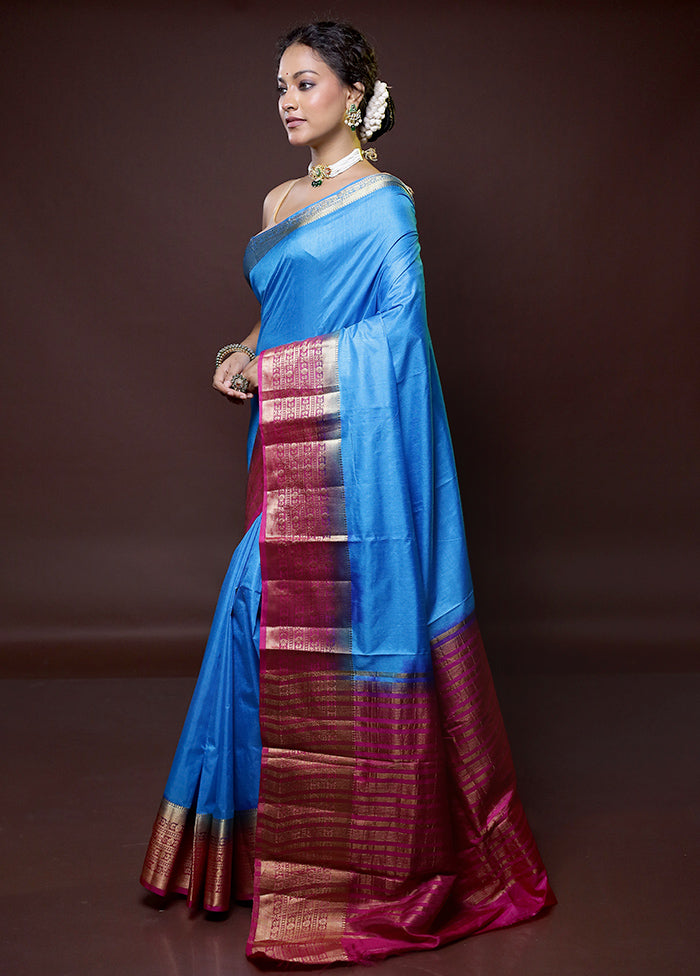 Blue Dupion Silk Saree With Blouse Piece