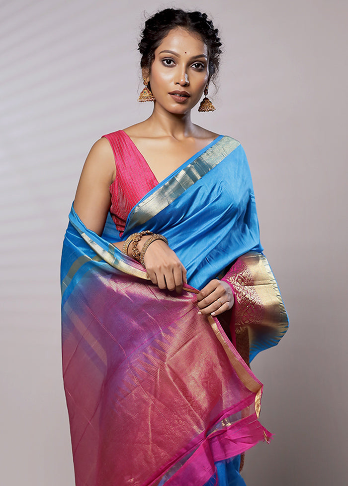 Blue Dupion Silk Saree With Blouse Piece