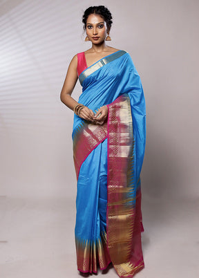 Blue Dupion Silk Saree With Blouse Piece